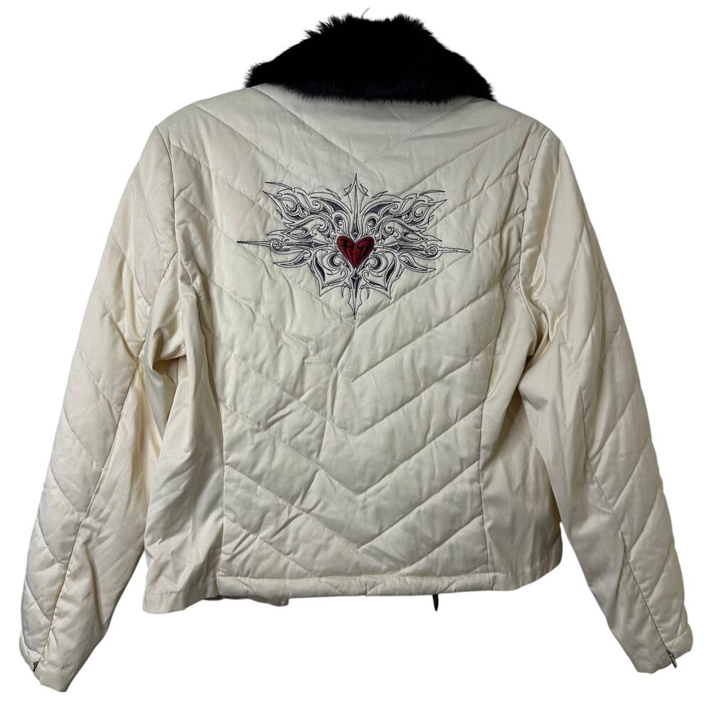 XS Y2K VTG Harley Davidson Cream Quilted Jacket Rabbit Fur Collar 05 Embroidered